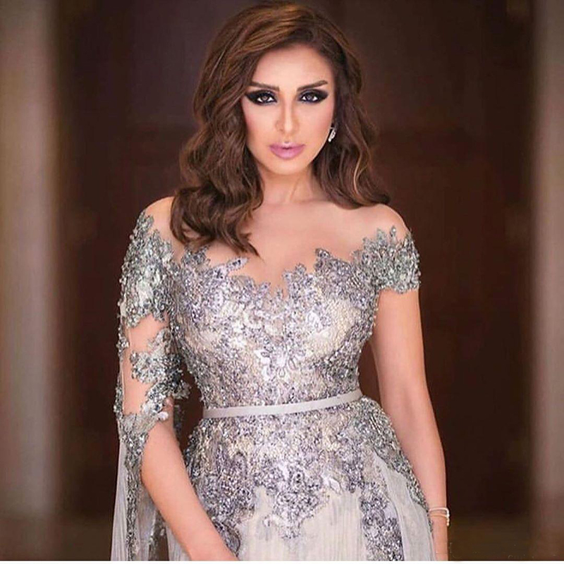 2020 Lace Beaded Evening Dresses Sheer Neck Sexy Prom Dresses High Split Arabic Aso Ebi Party Gowns