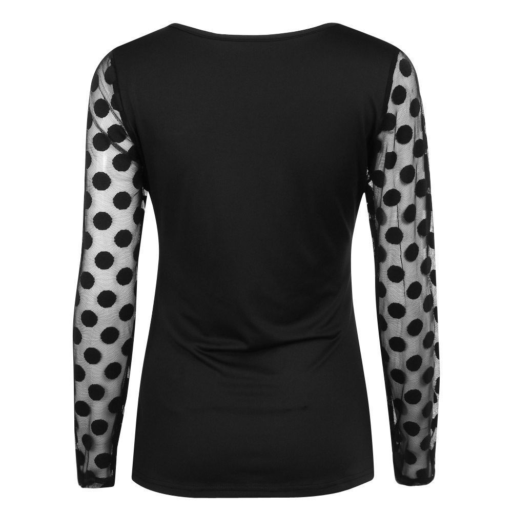New Casual Women T-Shirts Long Sleeve Dot Print Mesh Net See Through Lace Tee Shirts Pure Black Summer Outerwear
