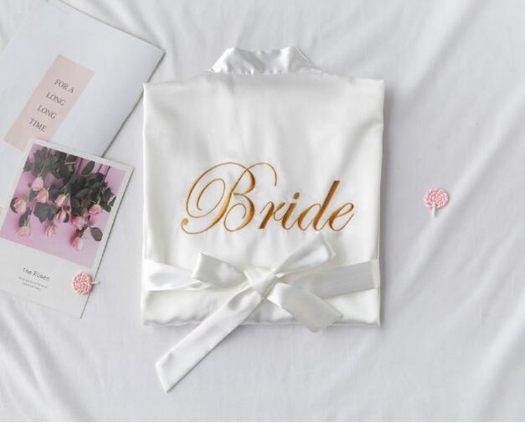 new bride bridesmaid robe with white black letters mother sister of the bride wedding gift bathrobe kimono satin robes