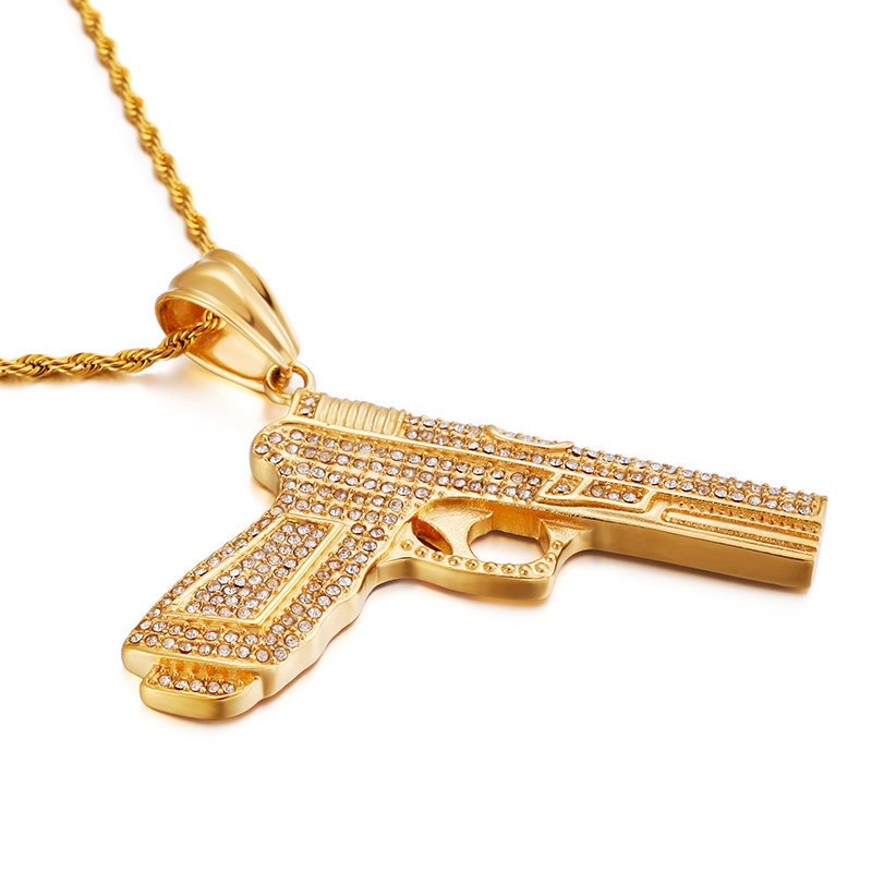 Hip Hop Full Rhinestone Inlay Pendants Necklace Cool Men Fashion 316L Stainless Steel 18K Gold Plated Jewelry