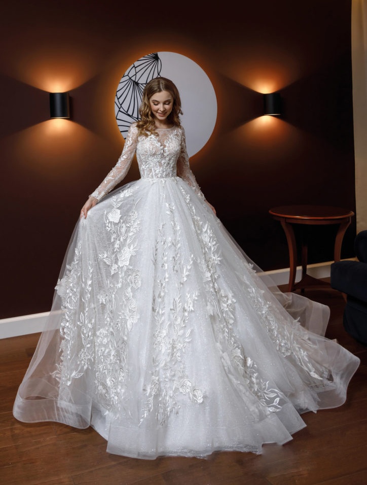 Lace Stylish A E Wedding Dresses Sheer Bateau Neck Appliqued Long Sleeves Bridal Gowns Sweep Train Tulle Robe De Mari E