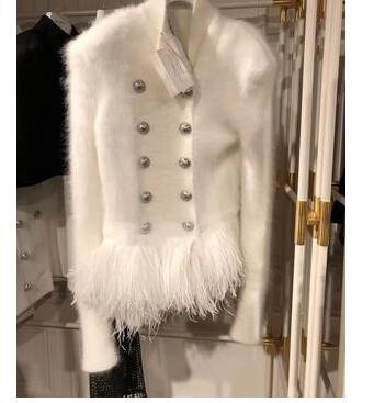 New design womens stand collar white color double breasted long sleeve slim waist bottom feather patchwork short coat jacket faux fur top