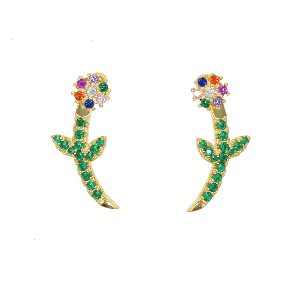 2024 spring new arrived jewelry earring for girl women Bloom flower leaves green rainbow cz paved trendy jewelry