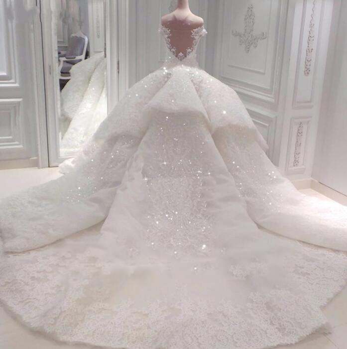 gorgeous lace appliques wedding dresses luxury beaded crystal arabic bridal wedding gowns backless court train bride dress