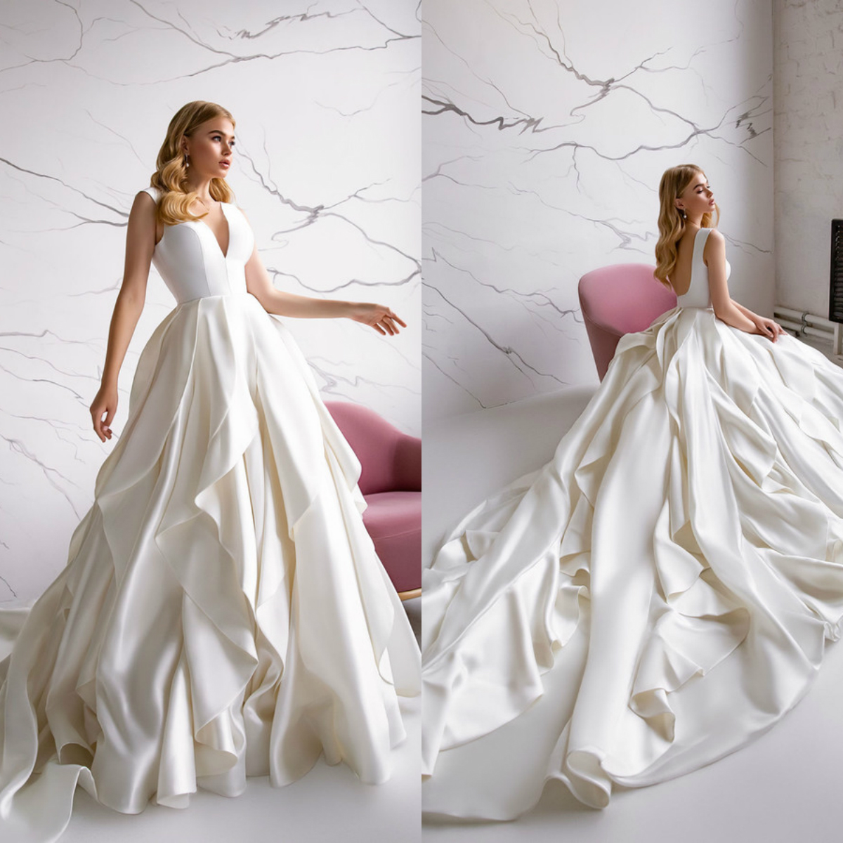 Modern Eva Lendel Satin Dresses Tiered Skirts Off Shoulder V Neck Plus Size Wedding Dress Bridal Gowns