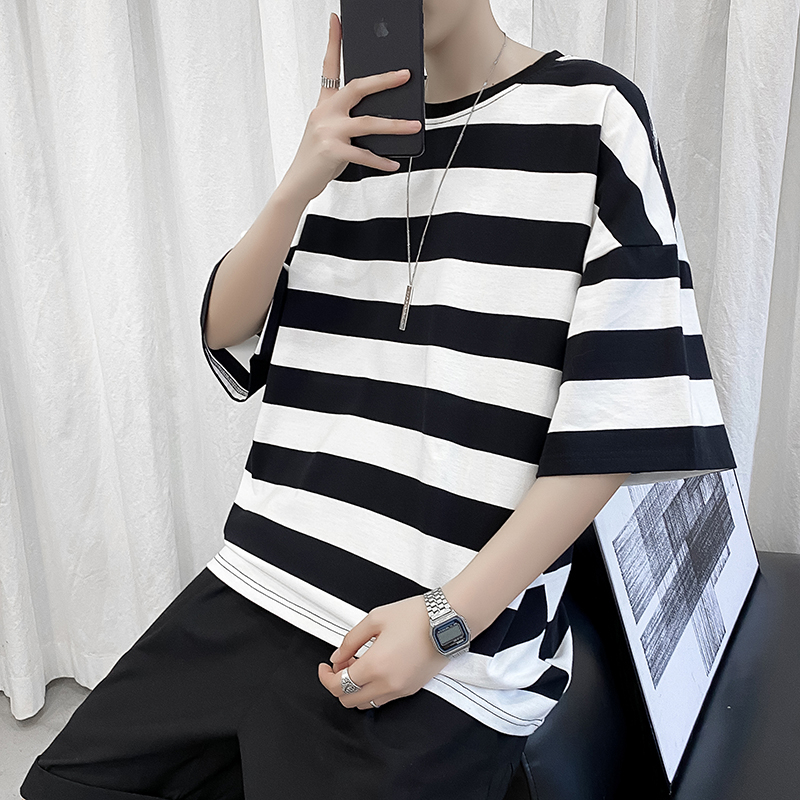 Summer Short-sleeved T Shirt Men's Fashion Casual Cotton Striped T-shirt Men Streetwear Wild Hip Hop Loose Tshirt Mens Tops T200224