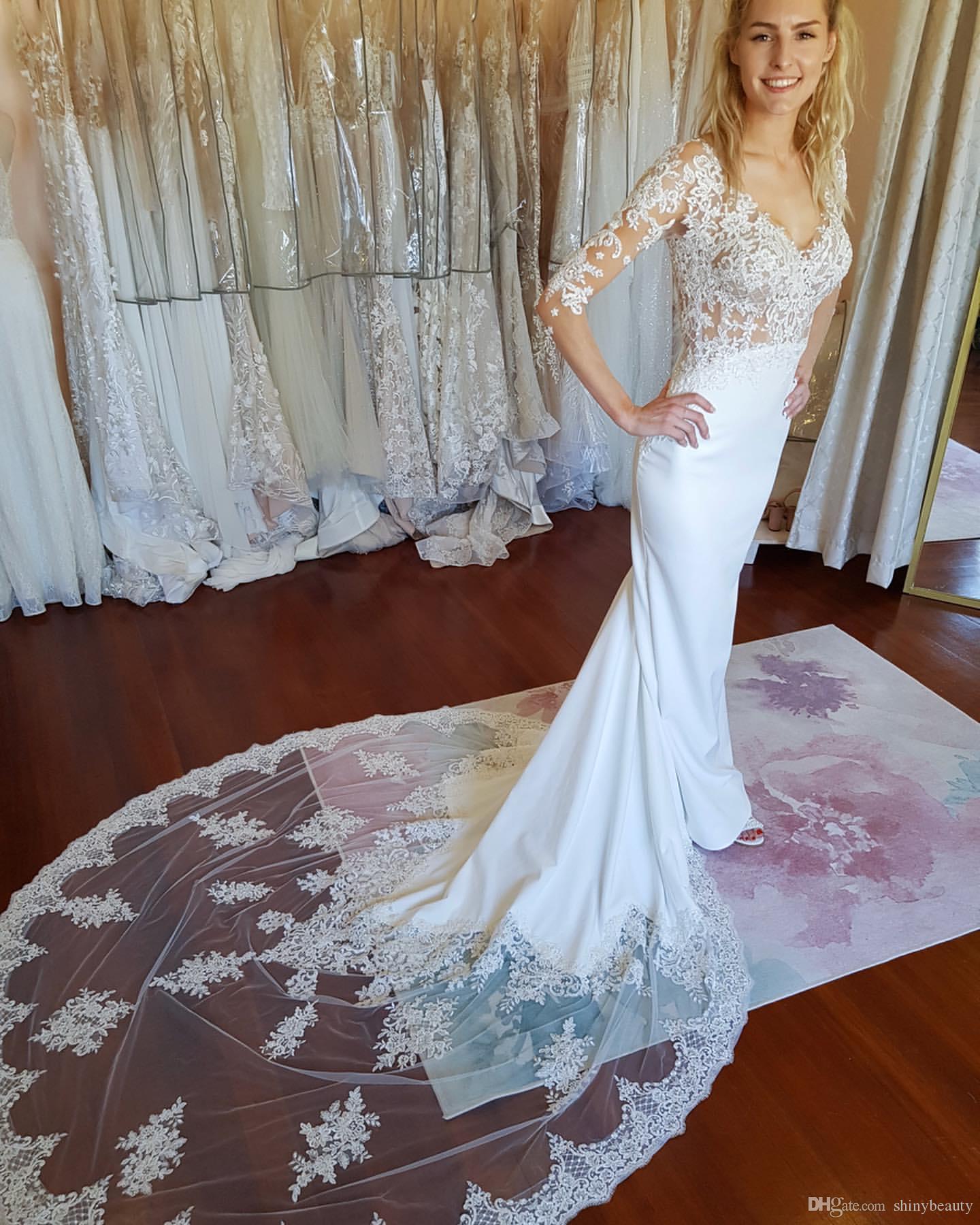 Sexy Lace Mermaid Dresses Jewel Neck Applique Long Illusion Sleeves Court Train Wedding Dress Bridal Gowns vestidos de novia Custom