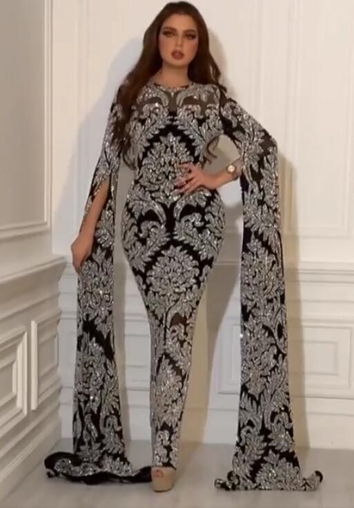 2020 Arabic Aso Ebi Sparkly Black Sexy Evening Dresses Lace Sheath Prom Dresses Long Sleeves Formal Party Second Reception Gowns ZJ464