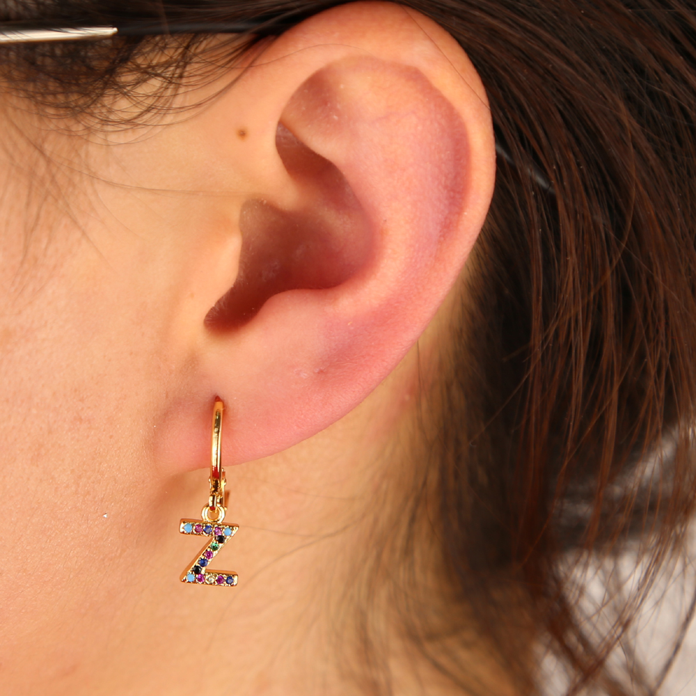 26 Initial dangle earring colorful cz paved Alphabet charms simple customize name letter jewelry