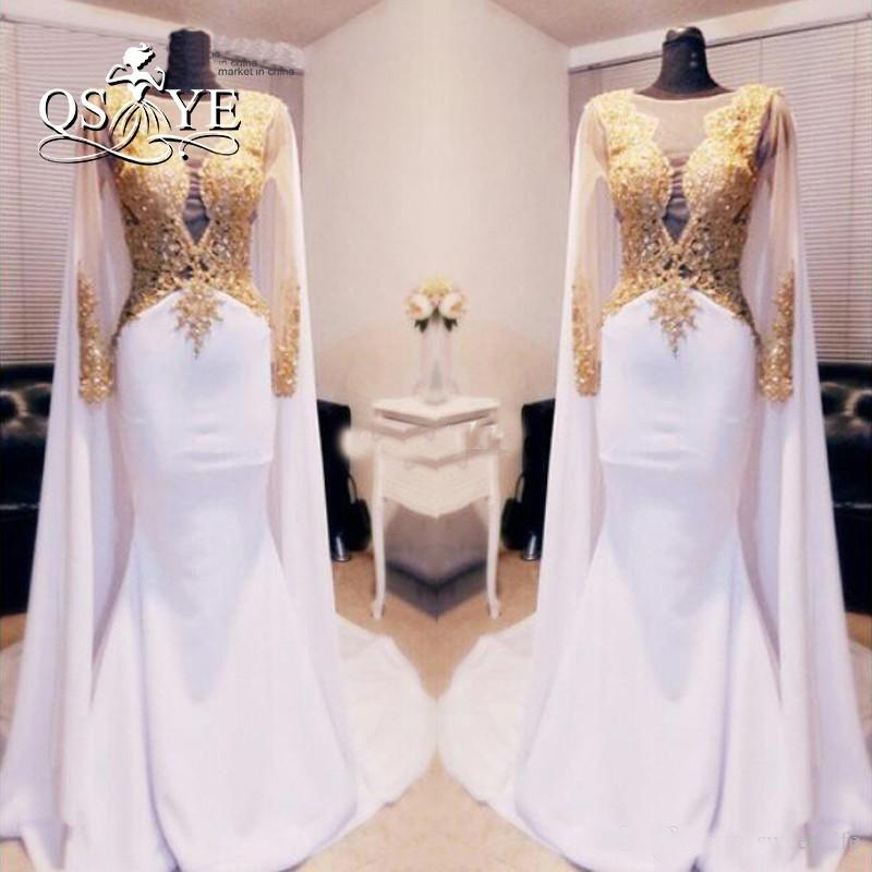Elegant Arabic Kftan Gold Beaded Appliques Prom Dresses Long Sleeve With Cape Backless Women Formal Evening Gowns Mermaid