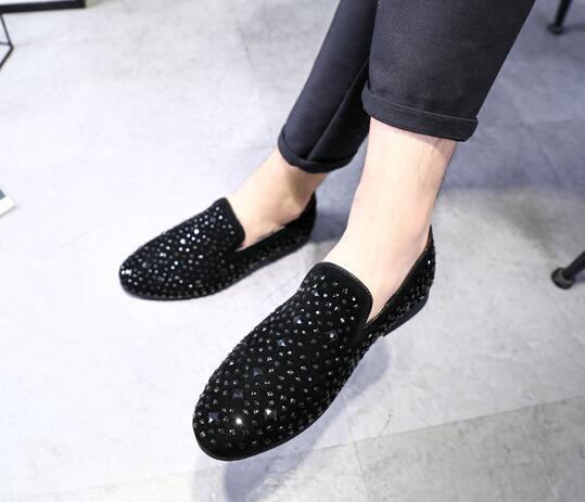 High Quality Men Casual Rhinestone Pointed Toe Flat Shoes Christmas Party Men Formal Shoes Loafer Shoes