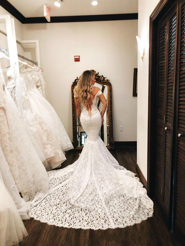 elegant full lace mermaid wedding dresses sexy off shoulder short sleeve bridal gowns backless beach wedding dress