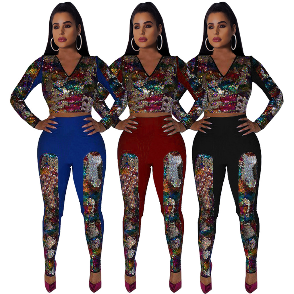 Women Multi Sequin Tracksuits Bling V Neck Long Sleeve Pullover Crop Top High Waist Long Slim Pant Club Party 2 Piece Pants Set Outfits, Blue
Women Multi Sequin Tracksuits Bling V Neck Long Sleeve Pullover Crop Top High Waist Long Slim Pant Club Party 2 Piece Pants Set Outfits, Blue