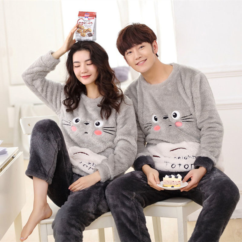 Cute Animal Flannel Pattern Winter Couples Pajamas Set For Women Men Plush Fabric Sleepwear Pyjamas Suit Home Clothing Q190330