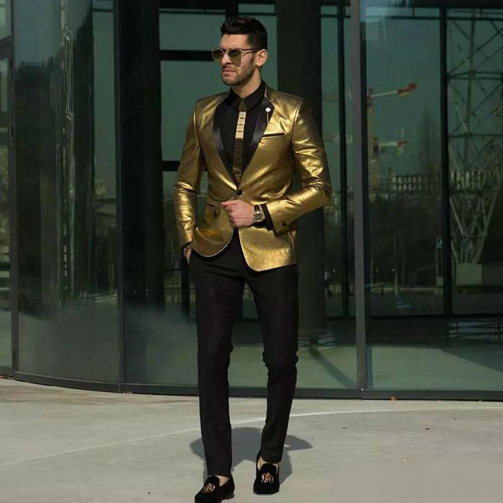 Newest Shining Gold Wedding Suits for Men Cheap Tuxedos Slim Fit Bridegroom Wear Best Mens Suits Custom Made(Jacket+Pant)