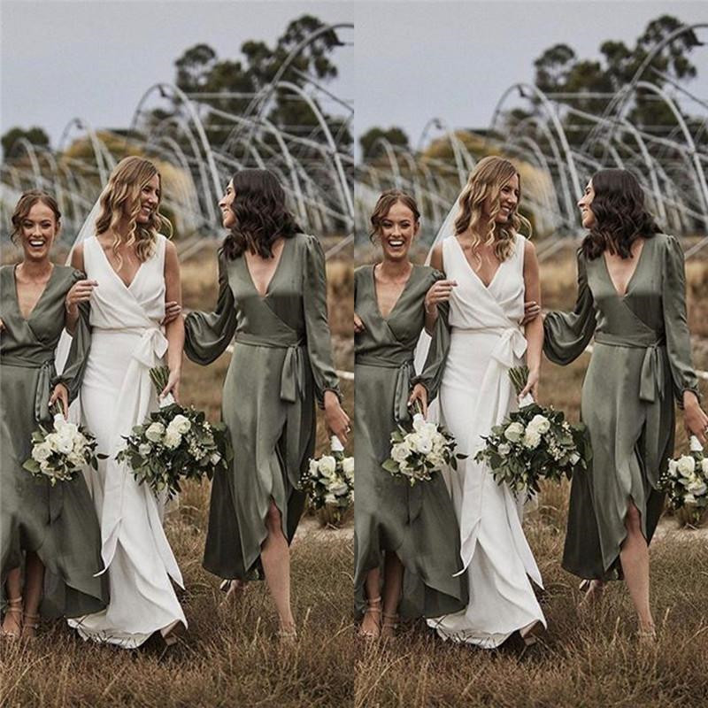 Dark Hunter Green Boho Bridesmaid Dresses With Long Sleeve 2019 V-neck High Low Countryside Junior Wedding Party Dress Cheap
