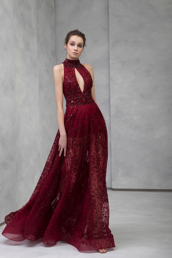 2020 Tony Ward Burgundy Evening Dresses Lace Appliqued Sequined High Neck Prom Dress Sweep Train Formal Party Gowns Robes De Soirée