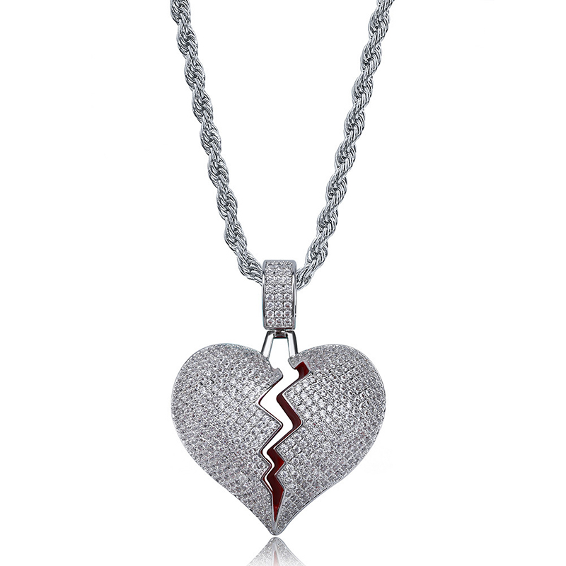 High Grade Broken Heart Pendant Necklace Mens Hip Hop Jewelry with Zircon Stainless Steel Chain Jewelry Wholesale