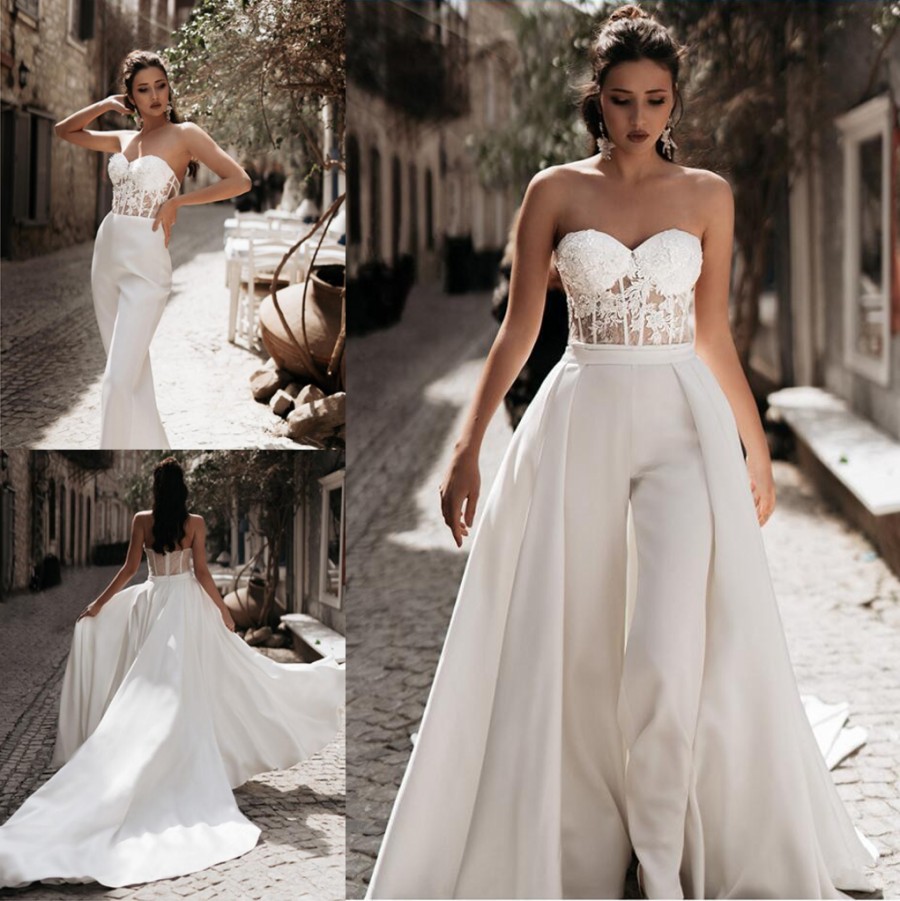 Lace Jumpsuit Fashion Beach Wedding Dresses Sweetheart Neck Beaded Bridal Gowns With Detachable Train A Line Appliqued Robe De Marie ppliqued