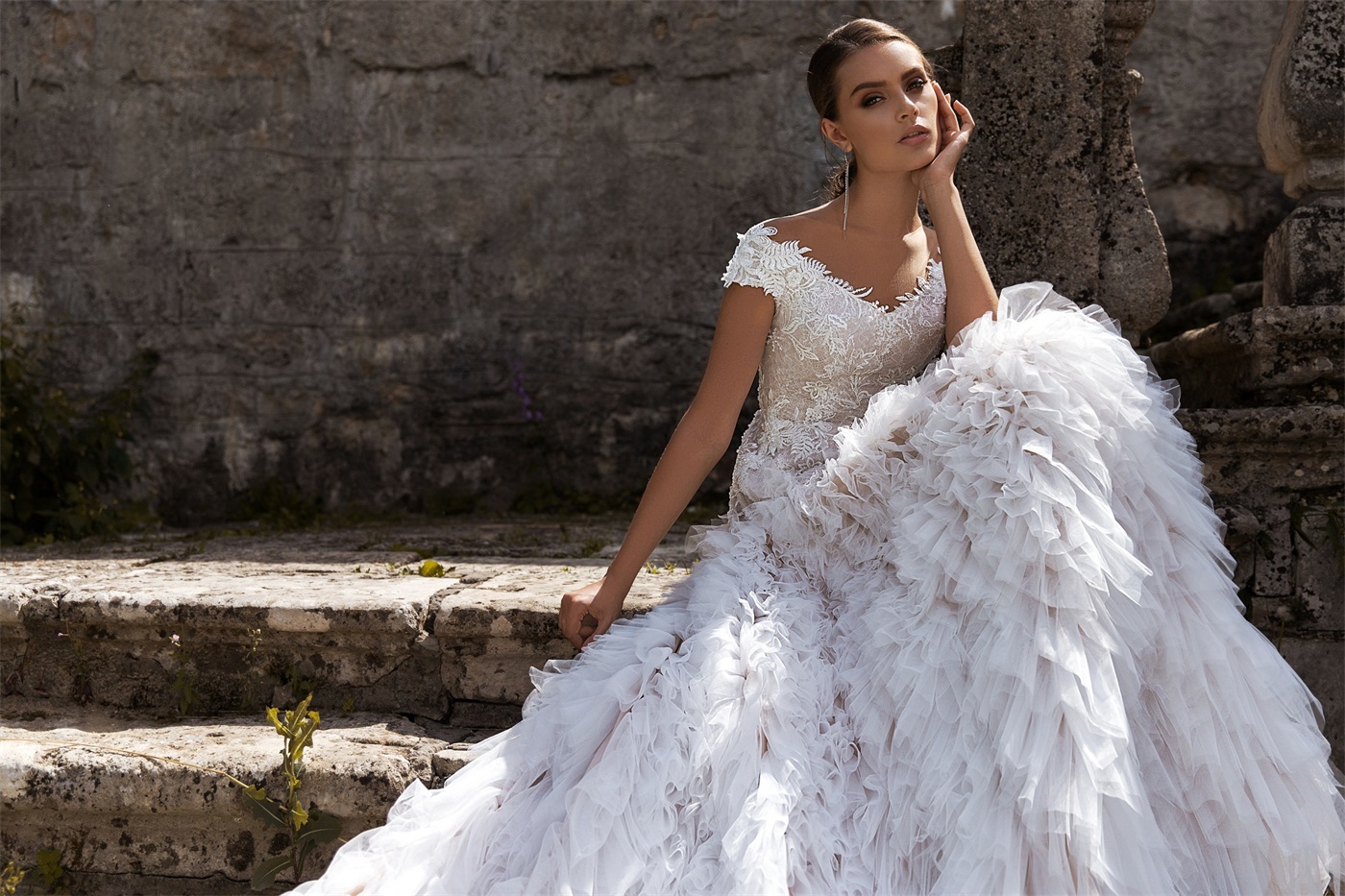 gorgeous a line wedding dresses off the shoulder backless tiered skirts appliqued court train custom made bridal gowns