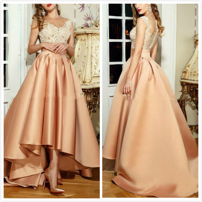 Fashion Designer High Low Prom Dresses With Lace Floor Length Jewel Special Occasion Formal Evening Gowns Short Front Long Back Arabic Party