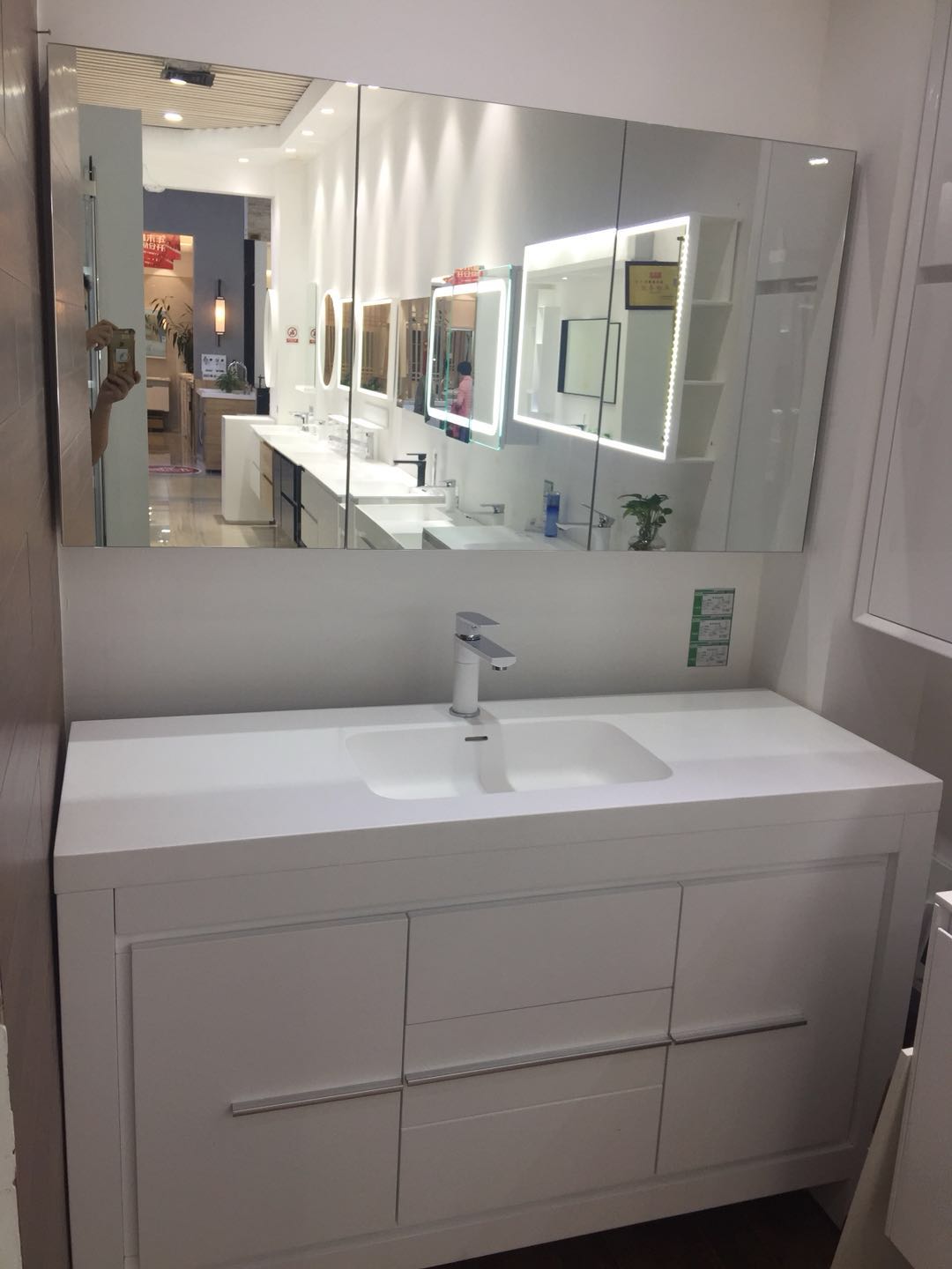 1300mm Bathroom Mirror Cabin Furniture Soft closing technique Solid Surface Stone Basin Floor Mounted Vanity 2903