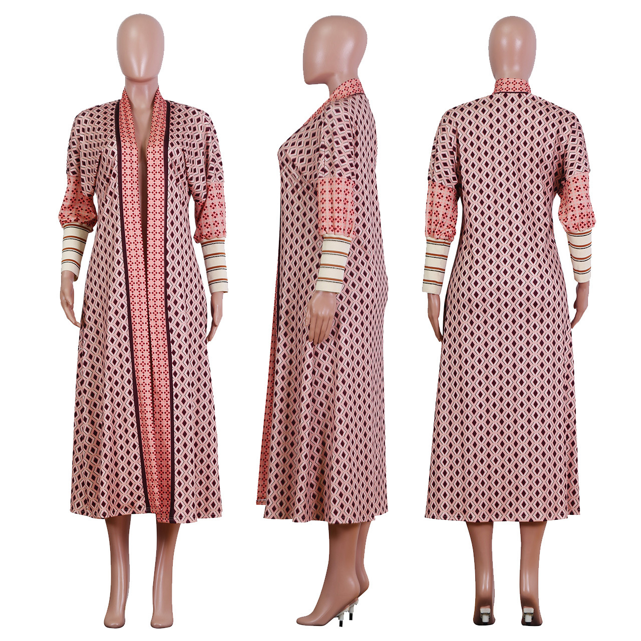 womens coats long trench coats argyle print jackets ol style cardigan capes long rib sleeve duster pink outwear casual clothes s2x