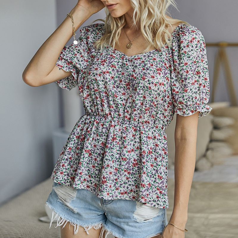 Fashion woman peach blossom floral shirt shirt lotus leaf short-sleeved square collar ethnic style casual clothing, Beige
Fashion woman peach blossom floral shirt shirt lotus leaf short-sleeved square collar ethnic style casual clothing, Beige