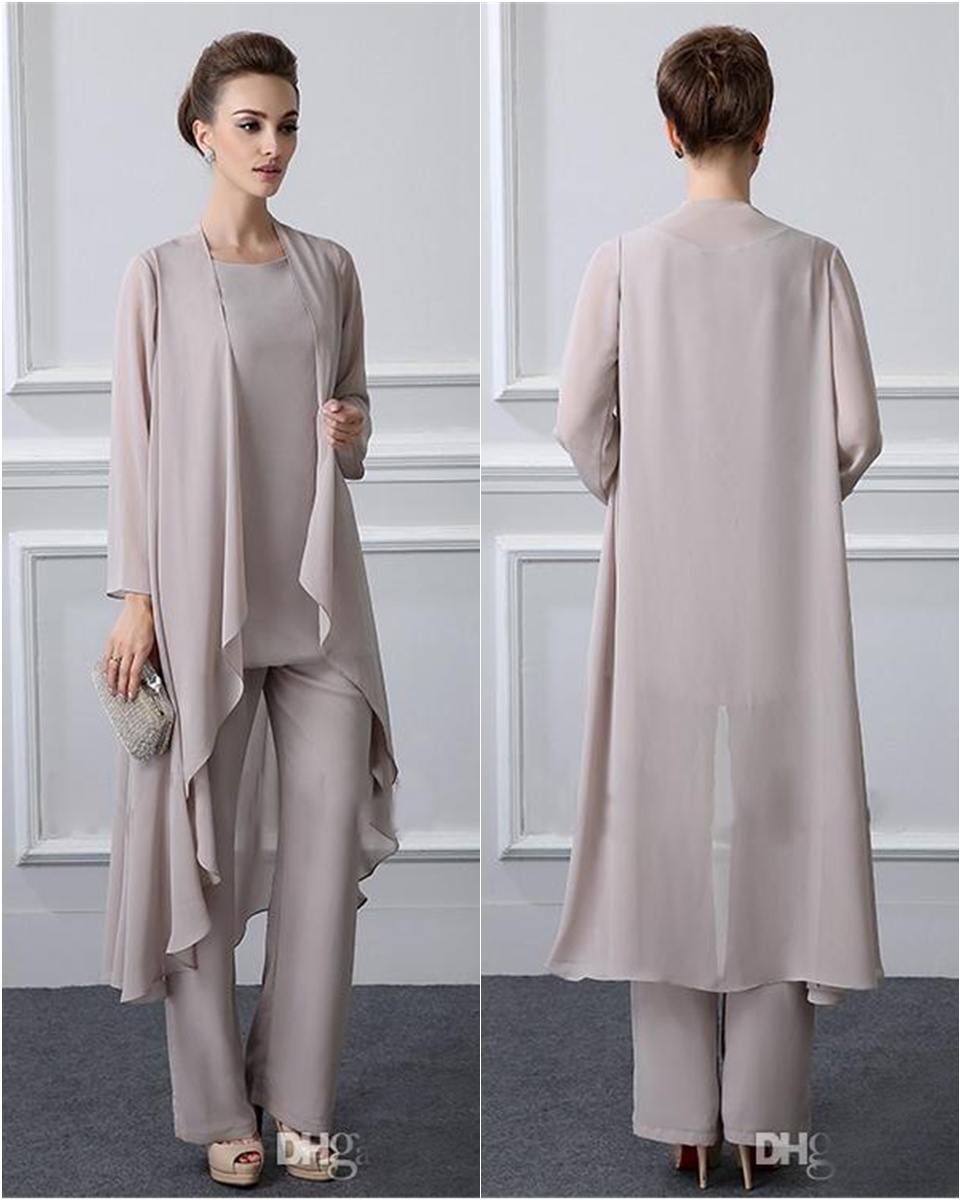 Simple Elegant Mother Of The Bride Pant Suits With Jacket Chiffon Beach Wedding Guest Groom Dress Cheap Mothers Outfit Long Garment