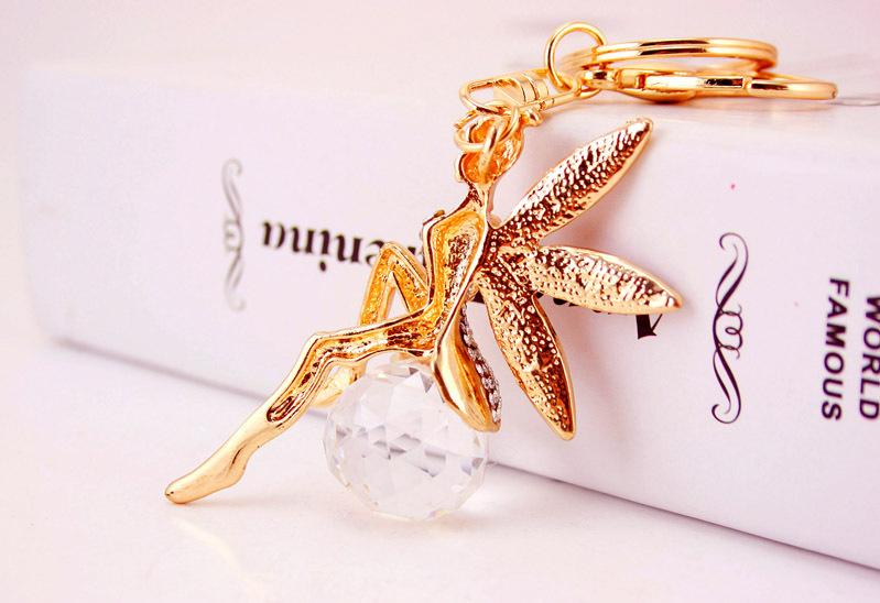 Keychain Enamel Alloy Rhinestone Fairy Tale Angel Wings Girl Crystal Ball Pendant Car Key Chains Gold Tone Lobster Clasp Key Ring 3pcs