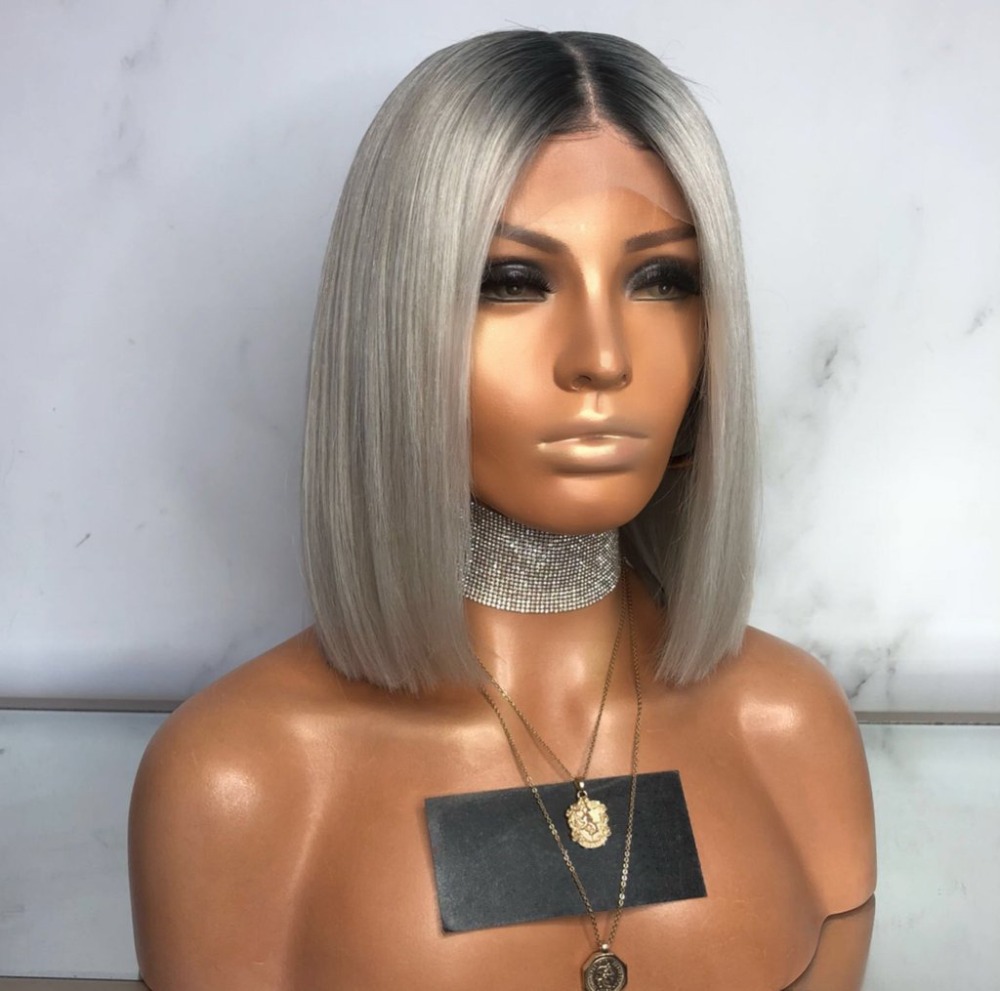 Free shipping Hotselling silk base Short Bob Ombre Wig with dark roots grey Straight Synthetic lace front Wigs for Women Heat Resistant