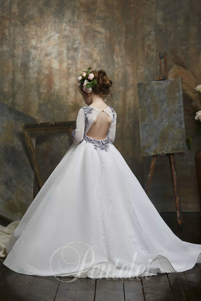 Lovely Ball Gown Flower Girl Dresses Jewel Long Sleeve Hollow Lace Applique Sequins Crystal Pageant Dress Floor Length Girl's Birthday Party