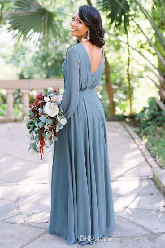 Long Sleeves Cheap A-E Dresses V-Neck Chiffon Or Length Custom Robe De Honor Of Maid Bridesmaids Plus Size Maxi Dress Lz0304