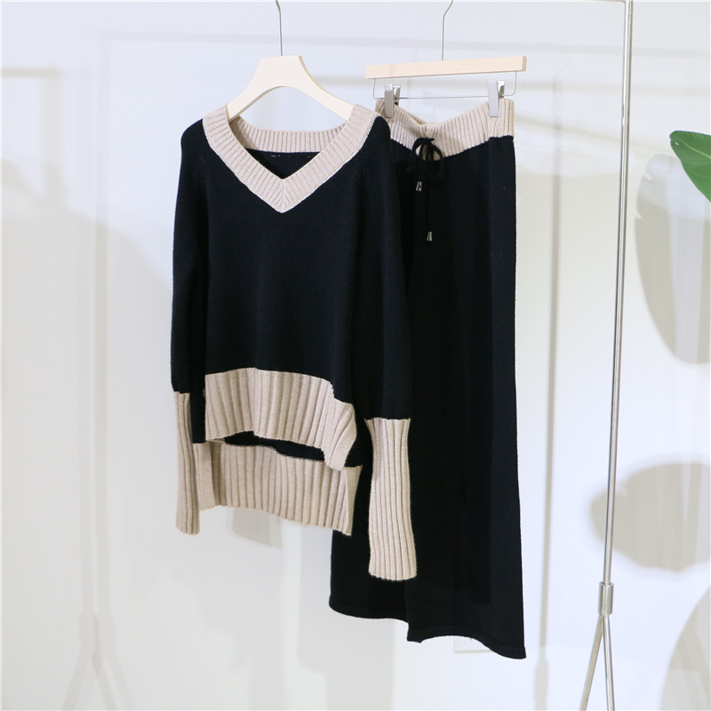 H.SA 2018 Winter New Women Two Pieces Sweater Suite V neck Loose Style Female Knit Jumpers Wide Leg Pants Sweater Suit KoreanMX190928