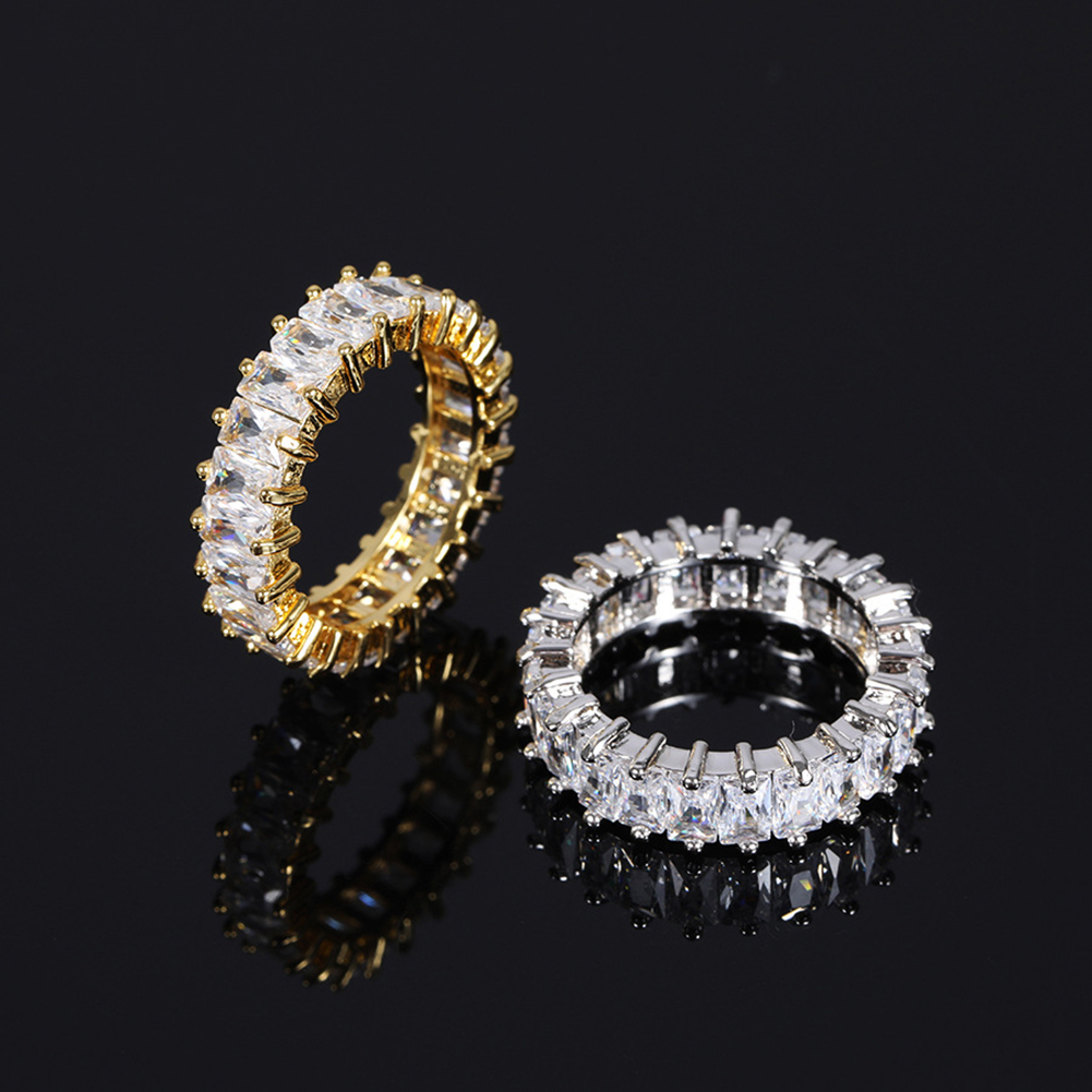 Hip Hop Square Zirconia Bling Ring With Side Stones 18K Real Gold Plated Women Men's Finger Rap Ring