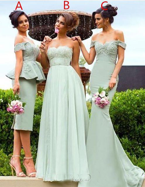 Mixed Styles Mermaid Off Shoulder Bridesmaid Dresses Country Garden Wedding Guest Party Gowns Mint Green Lace Appliques Chiffon Evening Gown