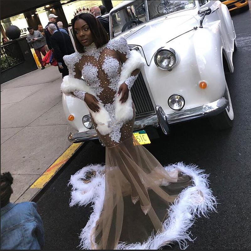 South African Mermaid Prom Dresses Long Sleeve High Neck Lace Appliques Beads Feather Plus Size Evening Gowns Abendkleider Celebrity Dress