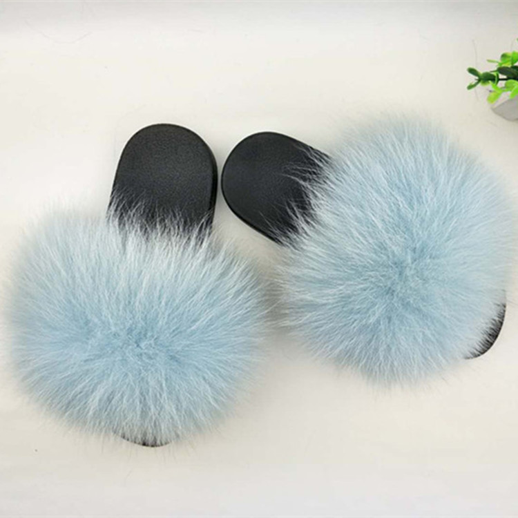 Hot Sale-Real Fur Slippers Women Fox Home Fluffy Sliders With Feathers Furry Summer Outdoor Flats Sweet Ladies Candy Color Shoes Size 45