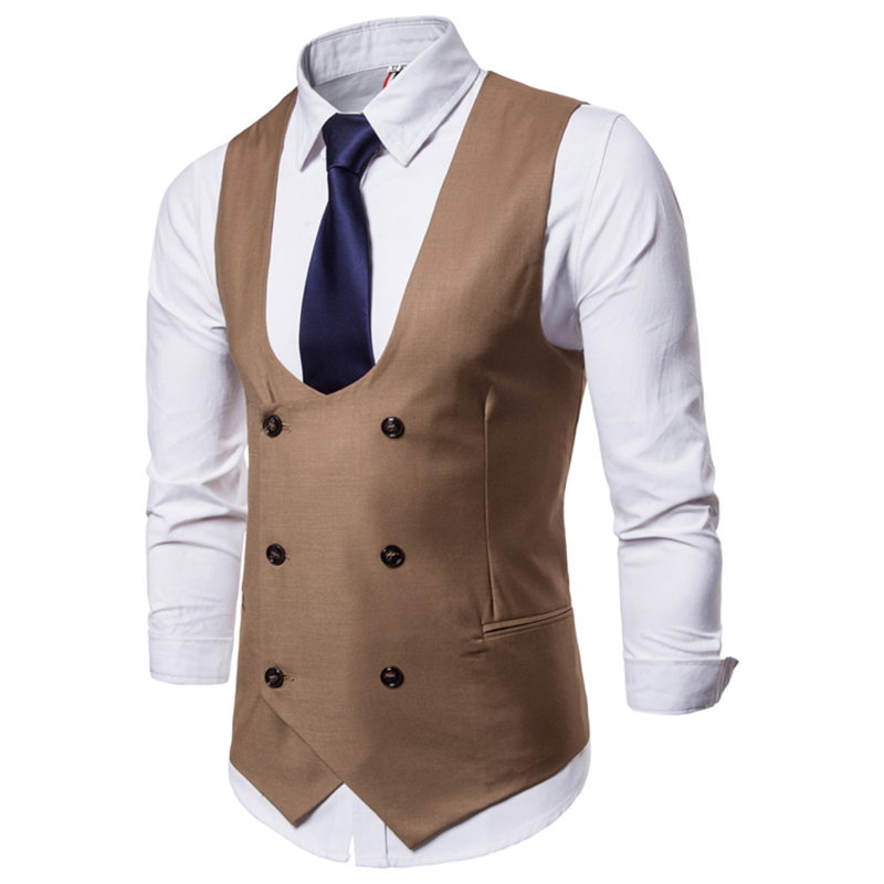 Men Vest Double Breasted Waistcoat 2018 England Style Sleeveless U-Neck Suit Vest Wedding Slim Cotton Gilet Plus Men Clothes