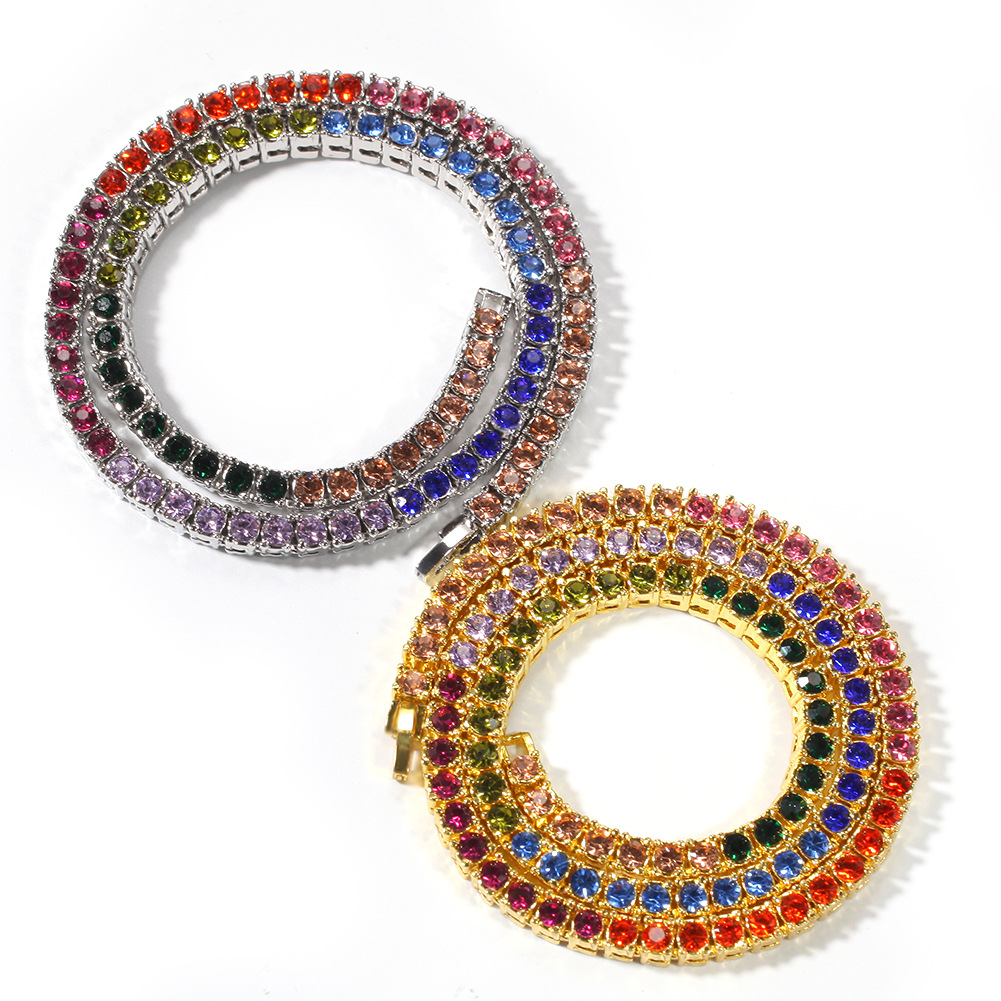 Hip Hop Tennis Chains Jewelry Mens Colorful Diamond Stone Chain Necklace Fashion 4mm Silver Gold