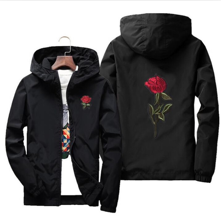 Mens Jacket Rose Print Fashion Trend Threecolor White Black Gray Hooded Zipper Jacket Long Sleeve 2XL