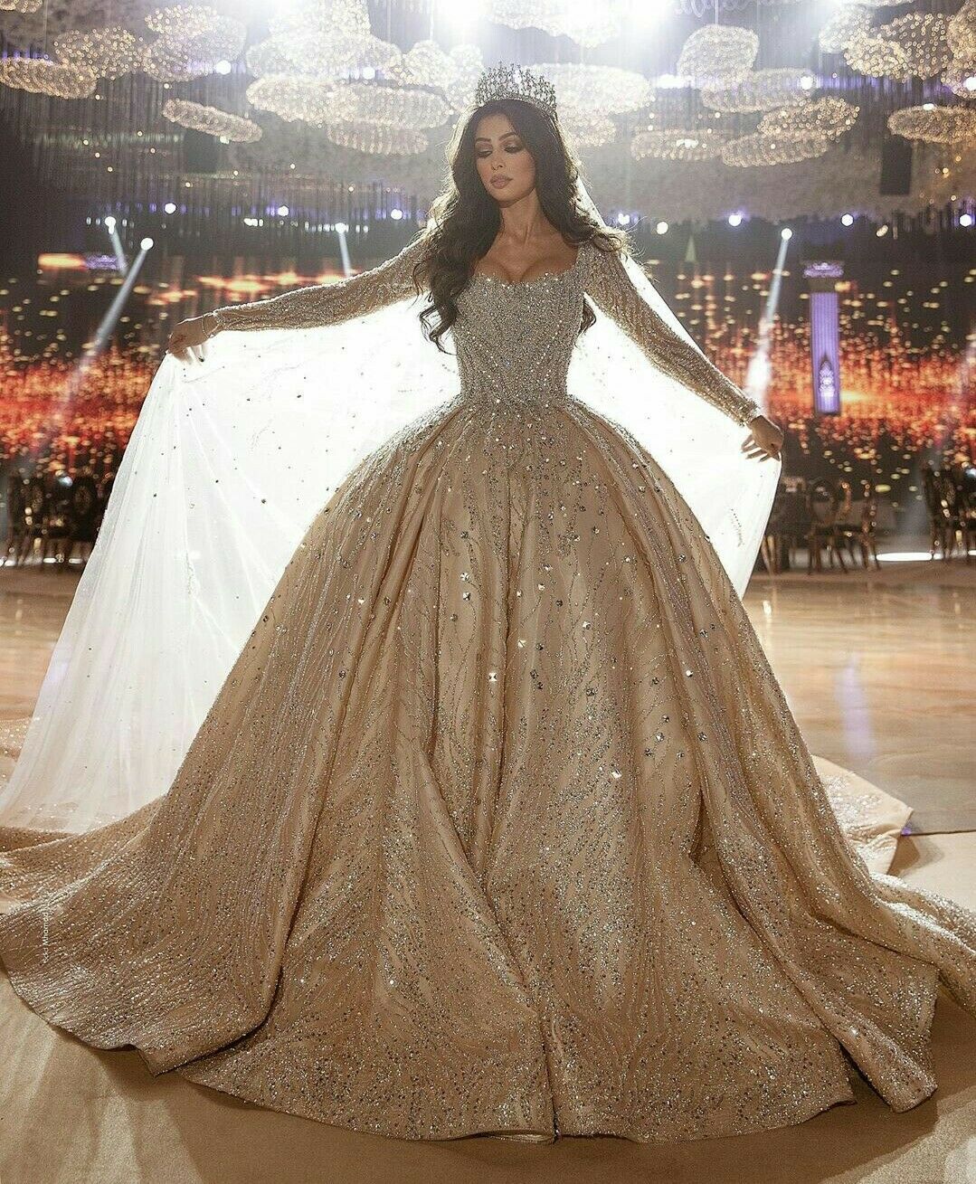 luxury champagne ball gown wedding dresses beading long sleeves bridal gowns lace appliqued plus size wedding dress