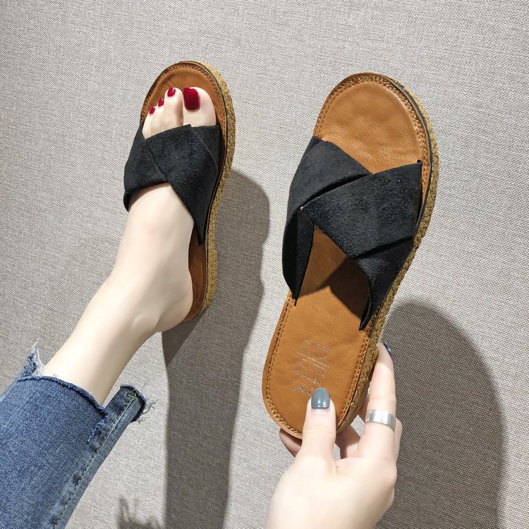 Hot Sale-New Style Summer Woman Slippers Beach Flock Fashion Low Heels Sandals Shoes Round Toe Ladies Elegant Womens Slipper