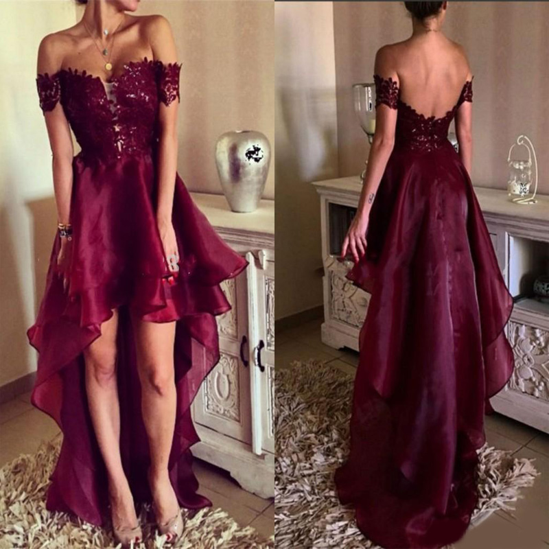 2020 Burgundy Prom dresses Off the Shoulder Appliqued Lace Wine Red High Low Graduation Backless Party Gowns Cheap