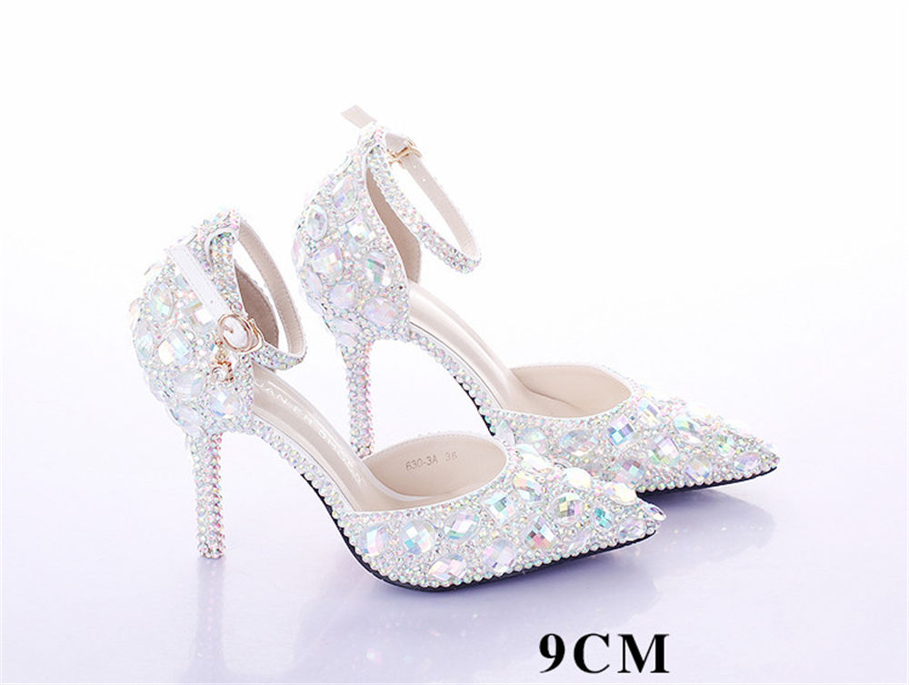 Handmade Brides Wedding Shoes Crystals Decorated ankle straps bridesmaid heels Prom Party Pump heel 9cm 7cm 55cm size 3440