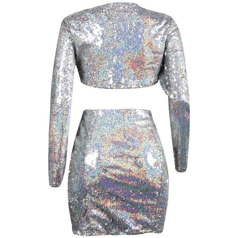 Bling Holographic Sequins Two Piece Set Women Sexy O Neck Long Sleeve Crop Top Bodycon Mini Skirt 2 Piece Outfits Party Clubwear