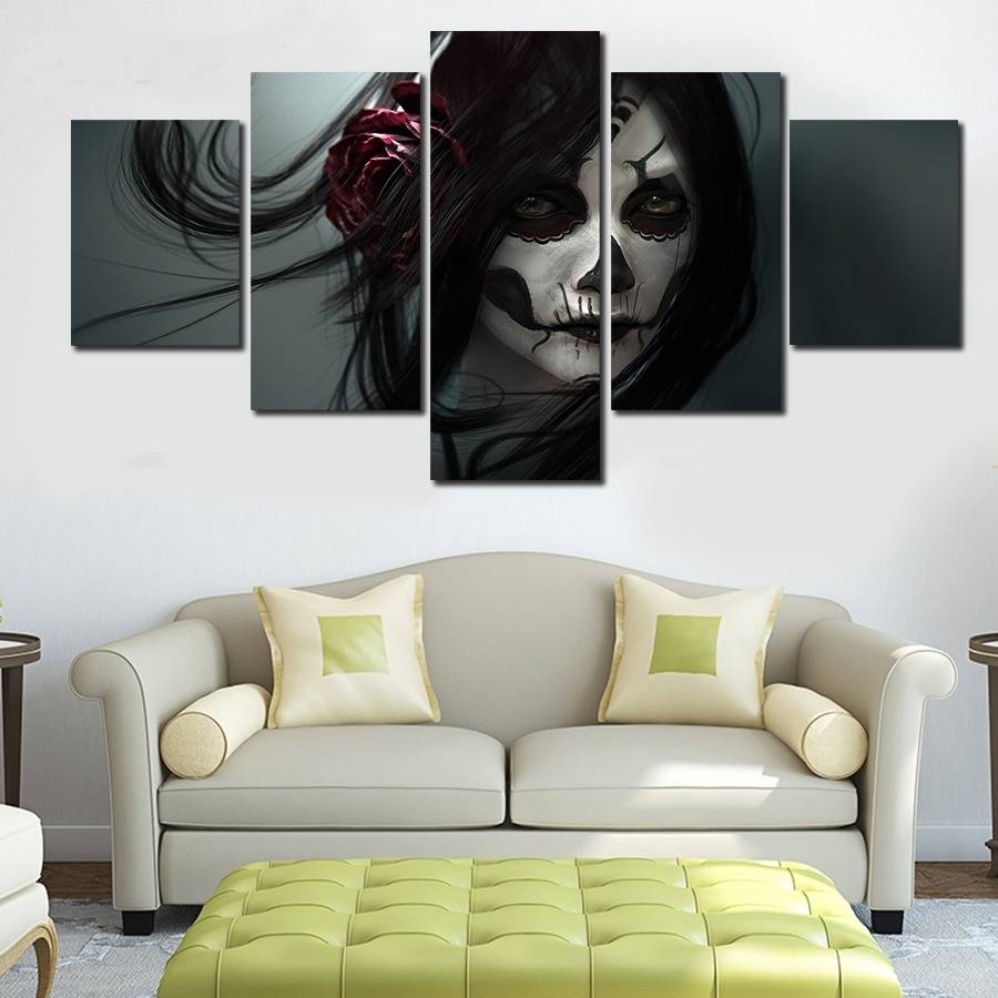 5pcs/set Unframed Skull Girl Coloured Drawing on Face Figure Painting On Canvas Wall Art Painting Picture For Living Room Decor