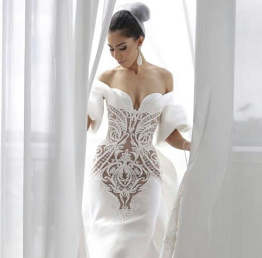 Satin Mermaid Wedding Dresses With Long Train Off The Shoulder Half Long Sleeves Modest Bridal Gowns Custom Made Boho Wedding Dress