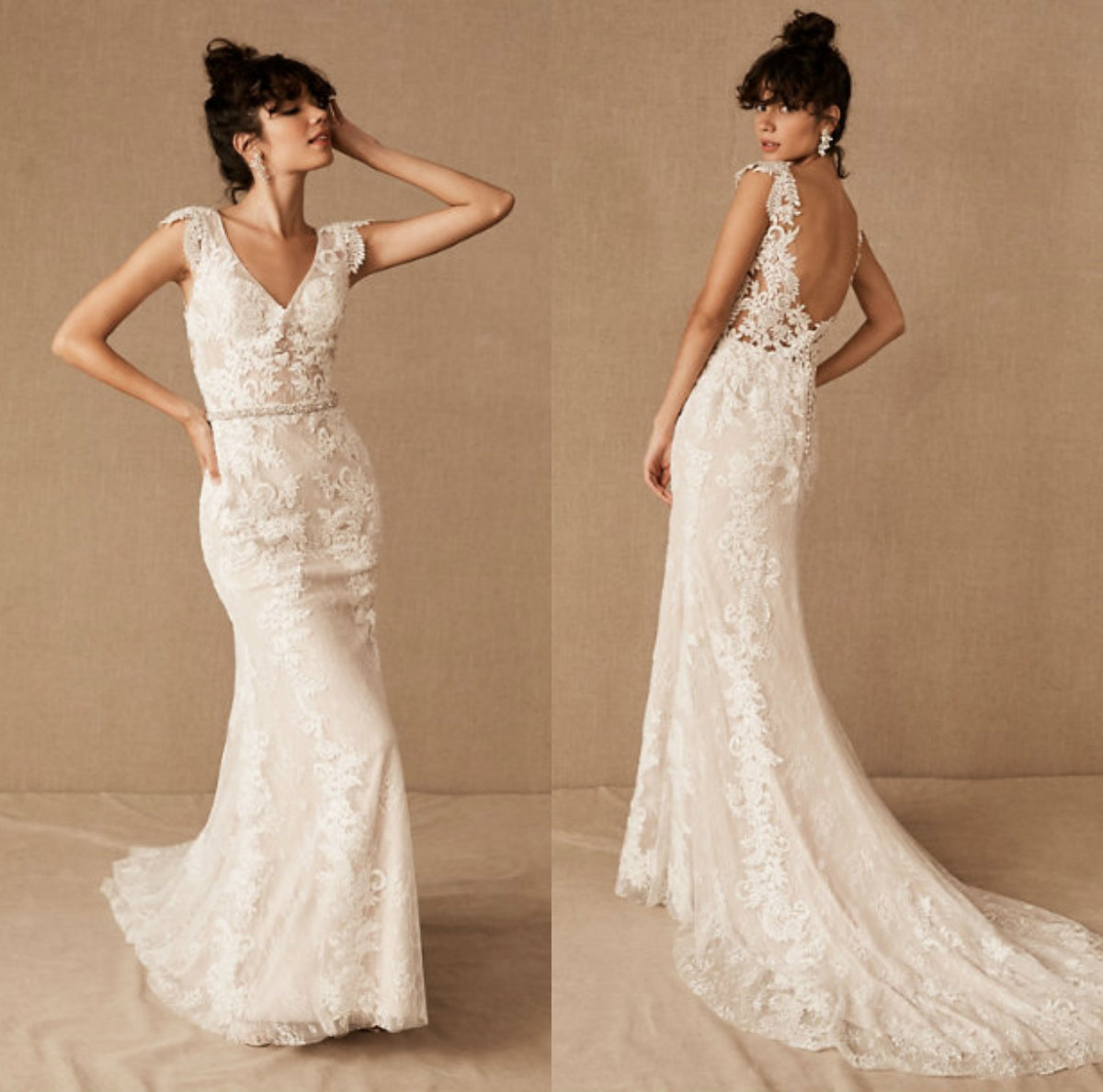 2020 BHLDN Mermaid Wedding Dresses Deep V Neck Sexy Backless Lace Appliqued Country Wedding Dress Custom Made Belt Beach Bridal Gowns