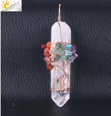Natural White Crystal Big Pendant Reiki Chakra Tree of Life Rose Gold Color Handmade Wire Wrapped Pendant for Necklace
